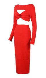 CUTOUT LONG SLEEVE MIDI DRESS IN RED styleofcb