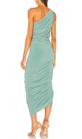 PLEATED SLEEVELESS ONE-SHOULDER DRESS IN GREEN styleofcb