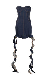 STRAPLESS DRAPED RUFFLE DENIM DRESS Dresses Oh CICI