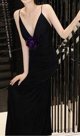 POLYESTER FLORAL RUFFLE SLIMMING HALTER MAXI DRESS IN BLACK styleofcb