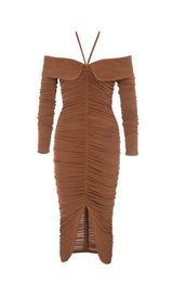 BROWN OFF-THE-SHOULDER PLEATED LONG-SLEEVED MIDI DRESS styleofcb