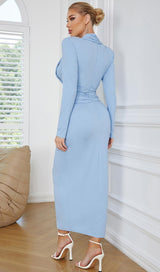 LONG SLEEVES V NECK MIDI DRESS IN BLUE styleofcb