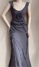 MESH VINTAGE FLORAL PLEATED MAXI DRESS IN GREY styleofcb