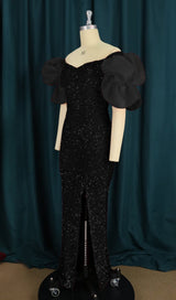 SEQUIN PUFF SLEEVE ONE NECK WAIST MAXI DRESS IN BLACK styleofcb