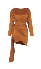 IRREGULAR RUFFLED BUTTOCK WRAP DRESS IN CARAMEL styleofcb