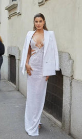 SEQUIN DEEP V CUTOUT MAXI DRESS IN WHITE styleofcb