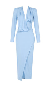 LONG SLEEVES V NECK MIDI DRESS IN BLUE styleofcb