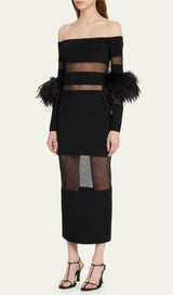 BANDAGE OFF-SHOULDER FEATHER MIDI DRESS IN BLACK styleofcb