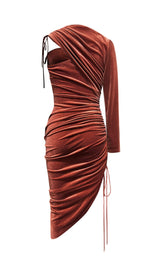 BROWN VELVET DRAWSTRING HIP WRAP MIDI DRESS styleofcb