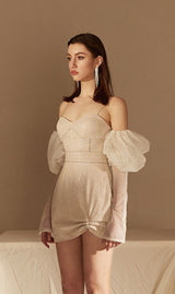 STRAPLESS BUBBLE SLEEVE DRESS IN BEIGE styleofcb