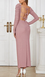 HIGH SLIT AND RUFFLES BACKLESS DRESS IN PINK styleofcb