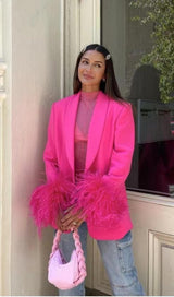 FEATHER JACKET SUIT IN HOT PINK jacket styleofcb