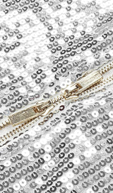 STRAPLESS SEQUIN FEATHER MIDI DRESS IN SILVER Dresses styleofcb