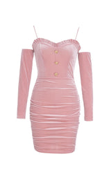 PINK LONG SLEEVE VELVET MINI DRESS styleofcb