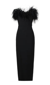 FEATHER BODYCON MAXI DRESS IN BLACK Dresses styleofcb