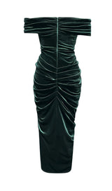 VELVET ONE-LINE SHOULDER HIGH SLIT DRESS IN DARK GREEN styleofcb