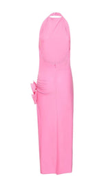 HALTERNECK DRAPED APPLIQUÉD STRETCH-JERSEY MIDI DRESS styleofcb