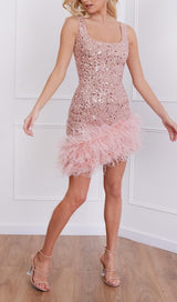 PINK FEATHER SEQUIN DRESS styleofcb