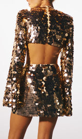 SPARKLING LONG SLEEVE MINI DRESS IN GOLD styleofcb