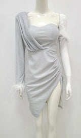 LONG SLEEVE SEQUIN FEATHER MINI DRESS IN SILVER styleofcb