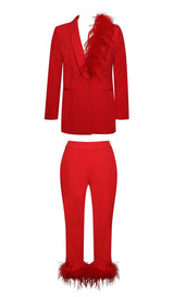 RED BLAZER SUIT WITH FEATHER TRIM Bottoms styleofcb