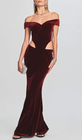 OFF SHOULDER WAIST HOLLOW VELVET MAXI DRESS IN BURGUNDY styleofcb