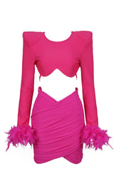 SHOULEDR PAD WAIST BARING FEATHER BLOUSE PLEATED DRESS IN PINK styleofcb