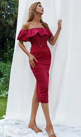 OFF SHOULDER LACE MIDI DRESS DRESSES styleofcb