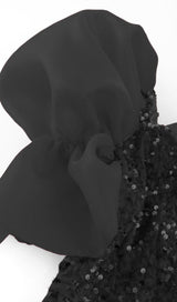 SEQUIN PUFF SLEEVE ONE NECK WAIST MAXI DRESS IN BLACK styleofcb