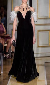 ELEGANT FEATHER OFF SHOULDER FISHTAIL MAXI DRESS IN BLACK styleofcb