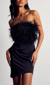 BLACK STRAPLESS FEATHER BODYCON MINI DRESS styleofcb