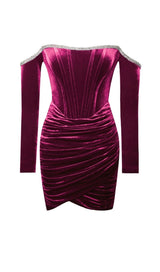 ODETTE BURGUNDY VELVET OFF SHOULDER CORSET DRESS WITH CRYSTAL TRIM styleofcb