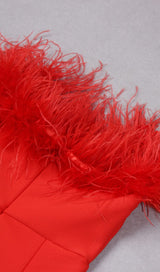 STRETCH STRAPLESS FEATHER TRIMMED GOWN IN RED styleofcb