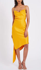 ORANGE SATIN DRAPING MIDI DRESS Dresses styleofcb