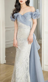 ONE-SHOULDER PUFF SLEEVE SEQUIN STITCHED MAXI DRESS Dresses styleofcb