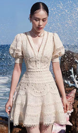 LACE V-NECK MIDI DRESS IN WHITE DRESS STYLE OF CB