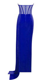 PRIYA ROYAL BLUE DRAPING CORSET HIGH SLIT VELVET GOWN Dresses styleofcb