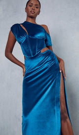 VELVET SLANT SHOULDER HIGH WAIST SPLIT MAXI DRESS IN TREASURE BLUE styleofcb
