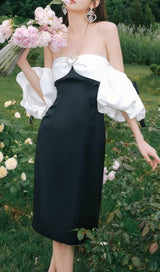 OFF SHOULDER BLACK AND WHITE PATCHWORK MINI DRESS styleofcb