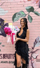 PLUNGING NECKLINE RUFFLE DRESS IN BLACK styleofcb