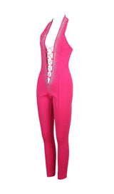 HALTER NECK CRYSTAL BACKLESS JUMPSUITS IN PINK BODYSUITS & JUMPSUITS styleofcb