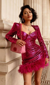 SEQUIN FEATHER MINI DRESS IN PINK Dresses styleofcb