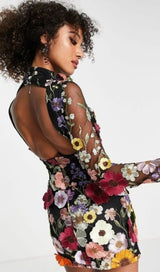LONG SLEEVE MESH FLOWER MINI DRESS IN BLACK Dresses sis label