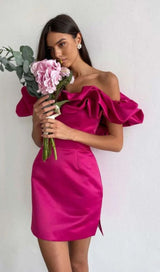 SATIN A-LINE NECKLINE POD RUFFLE MINI DRESS IN PINK styleofcb