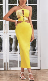 CRISSCROSS HALTERNECK CUTOUT MIDI DRESS IN YELLOW styleofcb