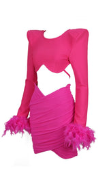 SHOULEDR PAD WAIST BARING FEATHER BLOUSE PLEATED DRESS IN PINK styleofcb