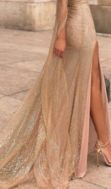 HIGH SPLIT GORGEOUS RHINESTONE DROP SLEEVE DRESS IN CHAMPAGNE styleofcb