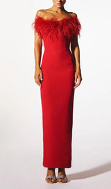 STRETCH STRAPLESS FEATHER TRIMMED GOWN IN RED styleofcb