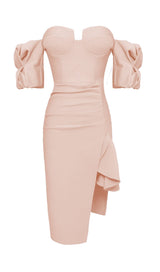 STRAPLESS DRAPED SLEEVE SLITS BANDAGE DRESS IN BEIGE Dresses styleofcb