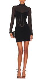 MESH STITCHED SLIM-FIT MINI DRESS IN BLACK styleofcb